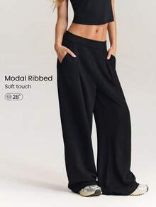 GLOWMODE Modal Ribbed Wide-Leg Built-In Adjustable Drawstring Waist Active Pants With Side Pockets Daily Casual Wear Fall Winter - Black - View 7