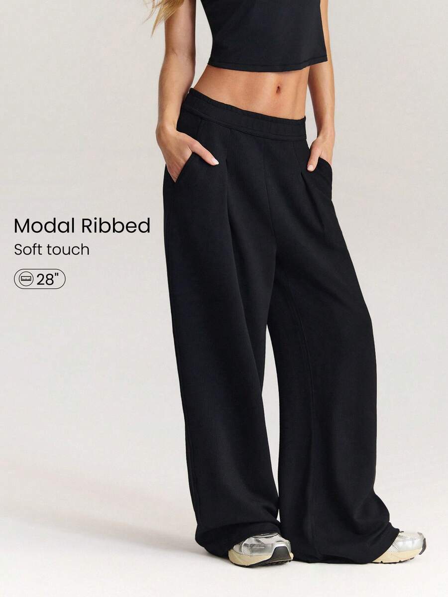 GLOWMODE Modal Ribbed Wide-Leg Built-In Adjustable Drawstring Waist Active Pants With Side Pockets Daily Casual Wear Fall Winter - Black - View 1