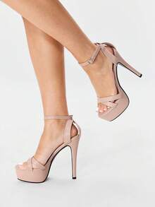 Glitzique 1 双女士纯色街头风格 PU 皮革扣带高跟防水台凉鞋，杏色，夏季派对穿着 - 杏色 - 查看 2