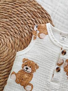 SHEIN Vintaside Kids 男婴休闲可爱小熊印花连体衣，圆领无袖，适合日常穿着、外出和度假，春夏款 - 白色 - 查看 7