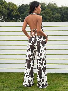 SHEIN EZwear Western Style Sleeveless Halter Backless Asymmetrical Print Summer Fashion Set - Mocha Brown - View 3