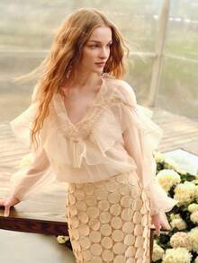 MOTF PREMIUM WOMEN'S V-NECK RUFFLE DESIGN LOOSE ROMANTIC LONG SLEEVE BLOUSE, SPRING/SUMMER - Apricot - View 6