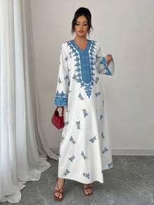 Yasmyna Women's Loose Fit Printed Long Sleeve Arabic Style Dress Mediterranean Al-Adha Summer Caftan Boho Tops Tunic Blouse Long Summer Dress - Blue - View 4