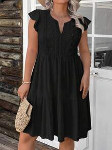 SHEIN LUNE Vestido casual de verano de talla grande con parches de encaje de unicolor - Negro - Ver 4