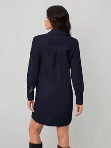 SHEIN Tall White Shirt Style Work Dress For Women, Spring - Navy Blue - View 2