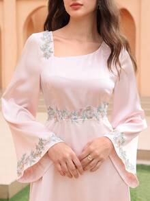 Graceveil Đầm dài tay thiết kế lệch vai, viền ren, phối ren, eo thon gọn dành cho nữ - Hồng - Xem 2