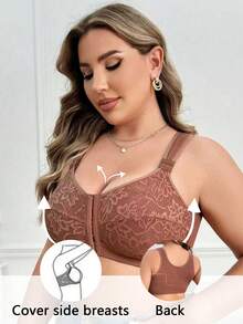 1pc Elegant & Comfortable Lace Patchwork Front Closure Plus Size Bra, Adjustable Shoulder Straps - Brown - View 1