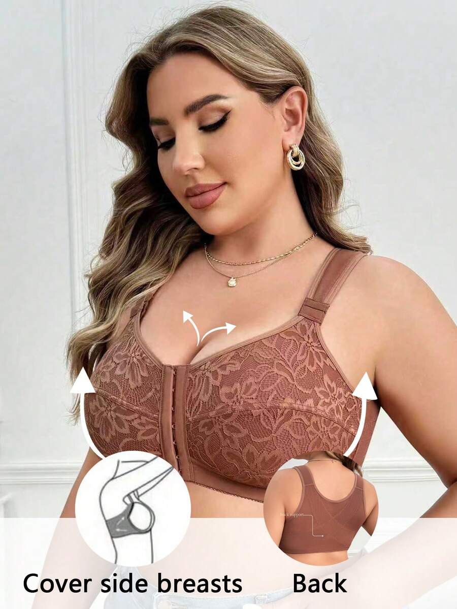 1pc Elegant & Comfortable Lace Patchwork Front Closure Plus Size Bra, Adjustable Shoulder Straps - Brown - View 1
