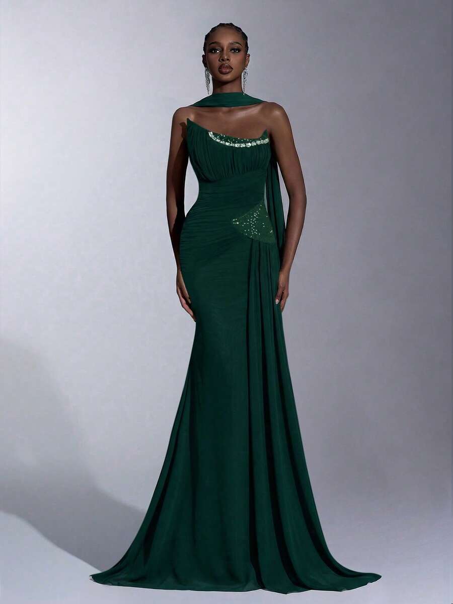 Elitara Elegante vestido de noche formal minimalista y lujoso con malla de alta elasticidad, sin tirantes, asimétrico, fruncido, glamoroso con cristales de Rhinestone 3D, con volantes de sirena drapeados (sin tirantes desmontables) - Verde Oscuro - Ver 1