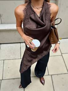 Siren Gaze 女士蕾丝缎面不对称派对吊带背心，女士无袖性感修身露背短款上衣（棕色和黑色），优雅女士衬衫 - 棕色 - 查看 1