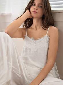 Ocili Quần hai dây thoải mái bằng vải satin satin và ren, bộ đồ ngủ nữ tối giản thoải mái. - trắng - Xem 7