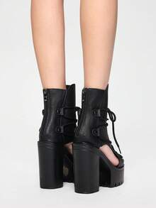 ROMWE Grunge Punk Sandalias y botines de plataforma con tacón alto, de moda, ligeros, con suela gruesa, de color negro, marrón, con calados y en estilo retro romano. Incluye botines de corte bajo y botines de dedo descubierto. - Negro - Ver 6