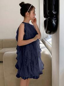 DAZY Tween Girls' Summer Elegant Mesh Ruffle Halter Dress - Navy Blue - View 6