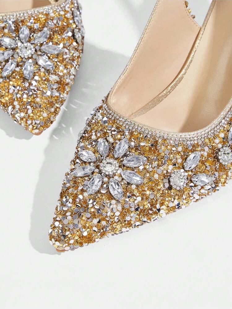 CUCCOO TILAWA Women Shoes Women's Fashion Pointed Metal Rhinestones Sparkling Evening Wedding Lightweight Daily Commuter Party Wind Outdoor Pedal Stiletto High Heel Shoes