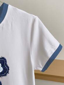 Resyla 女士撞色滚边圆领休闲短袖拼接T恤，夏季 - 白色 - 查看 4