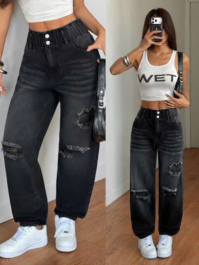 SHEIN Tall Jeans casual neri a gamba larga in tessuto di jeans lavato con design a vita con bottoni, tasche e strappi, adatti per la primavera-estate