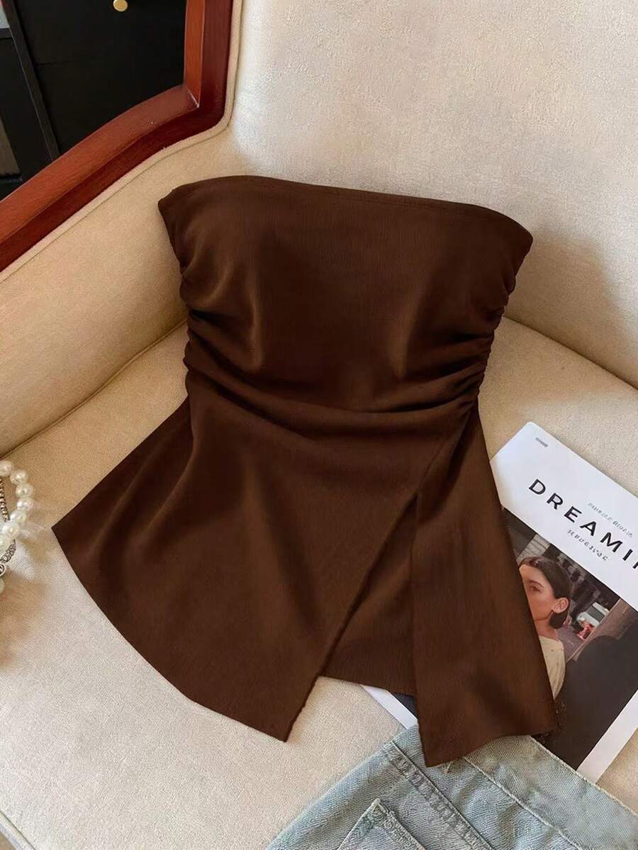 GlowEve Women's Casual Solid Color Slit Bandeau Top, Summer - Brown - View 1