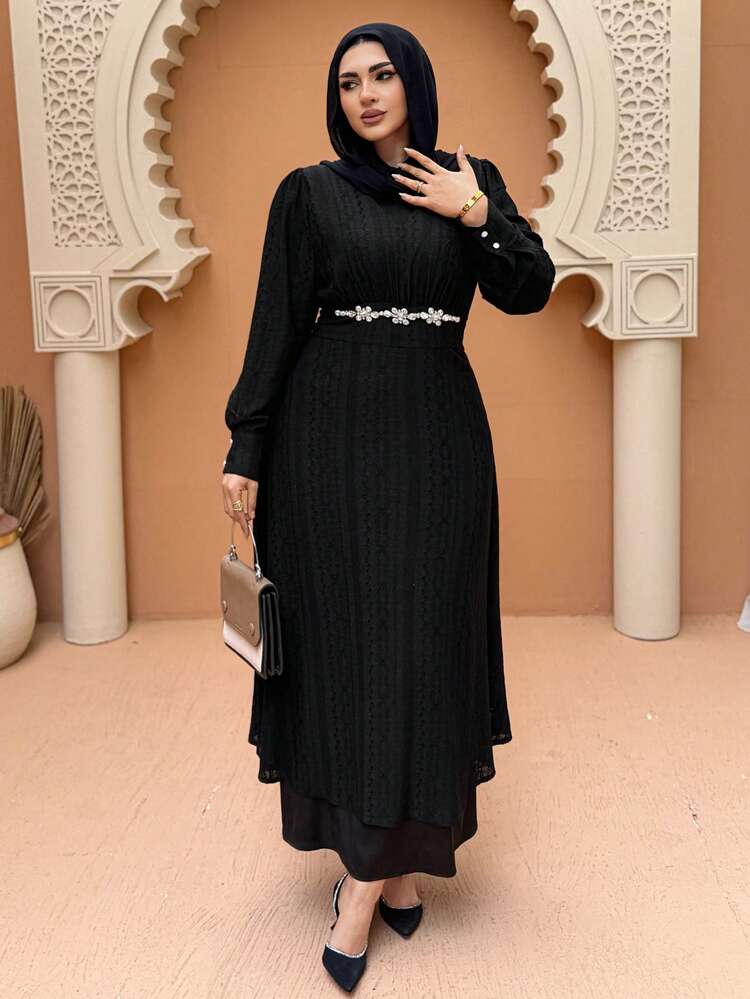 Dazy Plus Plus Size Women's Chiffon Pleated Dress With Waist Rhinestone Decor, Party Dress, Spring/Summer Sundress