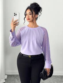 Elenzga Plus Size Women Casual Round Neck Lace Patchwork Long Sleeve Solid Color T-Shirt - Purple - View 6