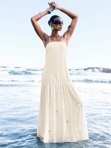 LYSMO Đầm dài xếp ly hai dây màu trơn dành cho nữ hiệu Apricot - Màu vàng ngỗng - Xem 4