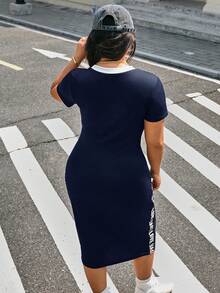 SHEIN EZwear Vestido negro ajustado con decoración de letras de color contrastante, talla grande, primavera/verano - Azul Marino - Ver 2