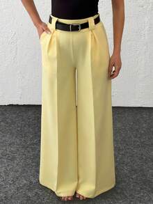 EURMUSE Women Solid Color Belted Detailed Wide Leg Pants - Kuning muda - View 3
