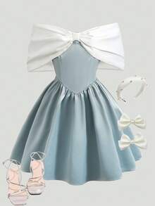 Girlism 少女蓝白拼接露肩缎面蝴蝶结A字连衣裙，优雅适合聚会，春夏款 - 薄荷綠 - 查看 1