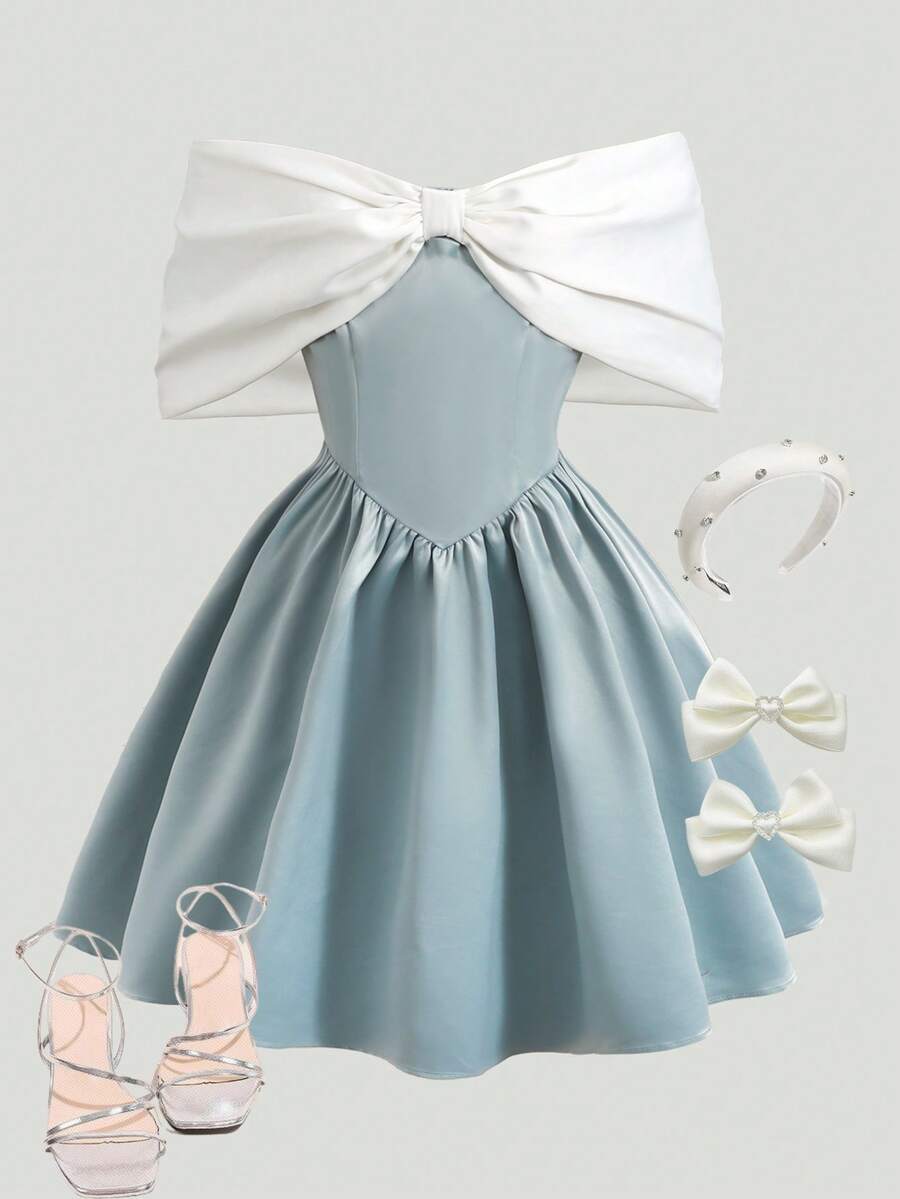 Girlism 少女蓝白拼接露肩缎面蝴蝶结A字连衣裙，优雅适合聚会，春夏款 - 薄荷綠 - 查看 1