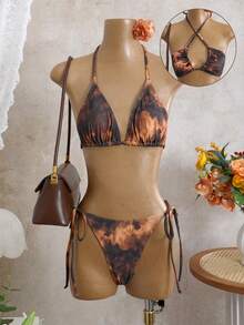 Swim SXY Women's New Printed Shell Metal Buckle Halter Bikini & Beach Maxi Dress Swimwear Set, Spring/Summer - Brown - View 7