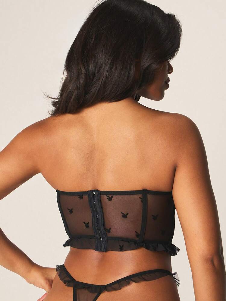 Missguided x Playboy Strapless Mesh Panel Corset With Ruffle Trim And Bunny Print Details For Evening Occasions, Sexy Outfit