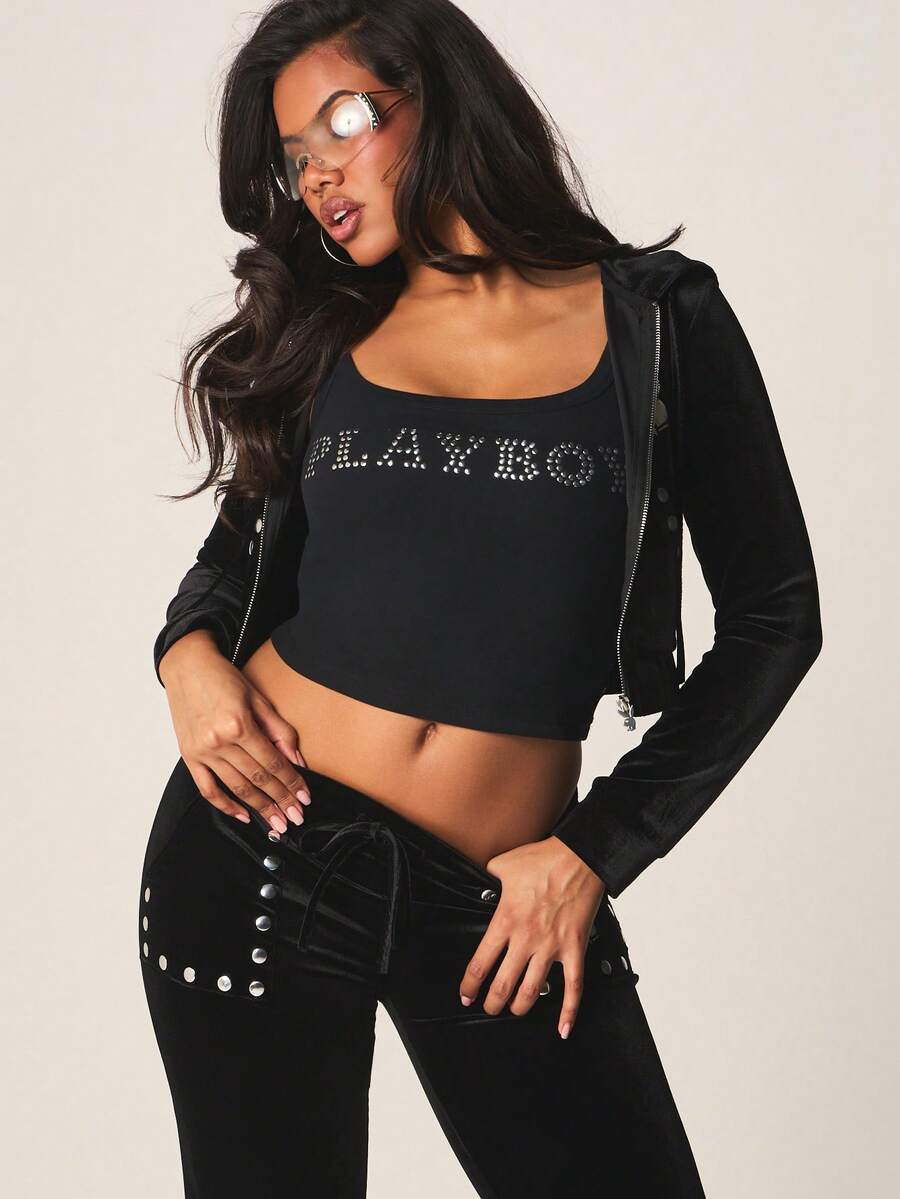 Missguided x Playboy Stud Embellished Full Zip Hooded Sweatshirt With Centre Pocket And Drawstring Hood For Casual Winter Wear - Black - View 1