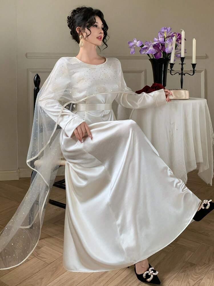 Spring & Summer White Shiny Sequin Satin 2 In 1 Shawl Collar Formal Dress, Elegant Fit & Flare Midi Gown With Long Sleeves, Waist Belt For Wedding, Party, Prom Sundress