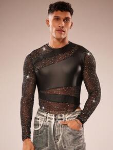 FeverCity Men's Long Sleeve Round Neck Mesh Patchwork Sexy Jumpsuit - Black - View 4
