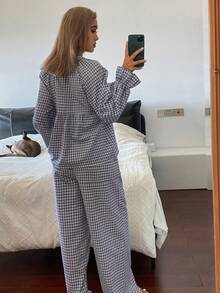 DAZY 可爱格子荷叶边女士睡衣套装 - 藍色 - 查看 2