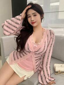 Dazy Plus 两件套加大码女式撞色拼接方领短袖上衣和宽松长裤睡衣套装，夏季休闲家居服套装 - 淺粉色 - 查看 3
