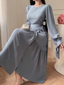 DAZY Conjunto de 2 piezas de blusa de manga abullonada de unicolor y elegante y falda con cintura anudada, para primavera/verano - Azul - Ver 6