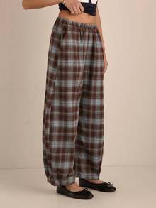 Easelle Quần ống loe cạp thấp kẻ caro dệt kim kiểu dáng thường ngày dành cho nữ - Màu xanh lam - Xem 5