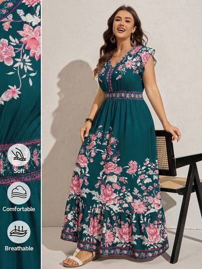 Comfylo Plus Size Women Abstract Graphic Casual Long Sleeve Dress, Basic Daily Wear Easter Dress Easter Outfit Women Concert Outfit Women Rave Outfits Rave Outfits Bohemian Dress For Women Long Floral Dress Women Women Maxi Dresses Summer Boho Floral Maxi Dress Floral Print Sundress, Summer Dresses