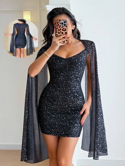 SHEIN Raffinéa 女士优雅性感不对称波点金属印花黑色针织短裙，适合晚宴、春夏穿着