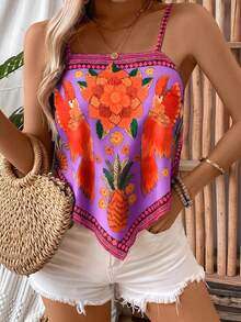 Selianne 女士休闲宽松花卉植物印花吊带背心 - 粉色 - 查看 4