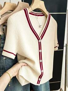 Franclia 女士轻薄V领短袖撞色罗纹修身针织开衫，休闲日常穿着，夏季 - 彩色 - 查看 5