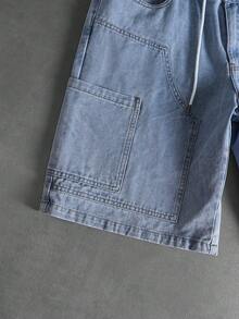 ROMWE MEN Street Life Celana Pendek Denim Kasual Pria dengan Pinggang Warna Kontras, Musim Panas - Grey - View 6