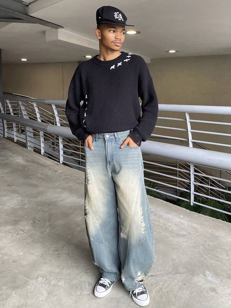 Ngobest Haus Ngobest Haus 1 pieza Pantalones vaqueros de pierna ancha con estilo japonés y parches desgastados para hombres, pantalones casuales largos sueltos con lavado vintage y rotos (no incluye cinturón ni accesorios) - Azul - Ver 1