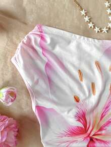 SHEIN 少女休闲度假粉色大花朵百合印花露肩泡泡袖上衣 - 粉色 - 查看 3