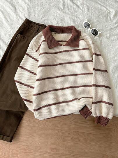GlowEve CURVE Plus Size Striped Pattern Turndown Collar Casual Long Sleeve Pullover Sweater