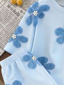 1 Set Baby Mädchen Lässig Komfortable Mode Süß Niedlich Blume Muster Kurzarm T-Shirt und Shorts Set, Frühling bis Sommer Outfit, Hellblau Frisch Sommer Outfit - Verschiedenfarbig - Übersicht 4