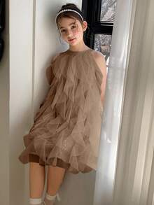 DAZY Tween Girls' Fashionable Party Sequin Ruffle Mesh Halter Dress, Summer - Coffee - View 4