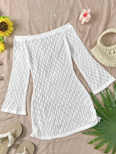 SHEIN Biała, dopasowana narzutka plażowa dla nastolatek z odkrytymi ramionami, uniwersalna, niezbędna na wakacje