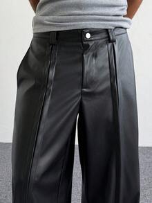 PAVTROS 男士黑色PU皮裤，宽松，朋友风，街头风，男士运动裤，休闲直筒时尚长裤，男士黑色阔腿裤，男士黑色宽松裤，男士皮裤，正装裤 - 黑色 - 查看 4