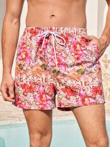 Manfinity VDAYZ Quần short đi biển nam kiểu dáng thường ngày, họa tiết hoa. - Đỏ - Xem 2